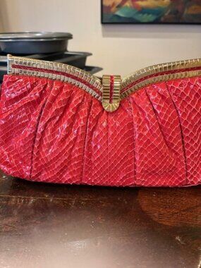 Judith Leiber Vintage Red snakeskin Clutch from 1980's